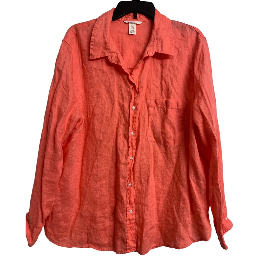 H&M 100% Linen Button Down Shirt‎ Coral Pink Long Sleeve Pocket Blouse Top XL